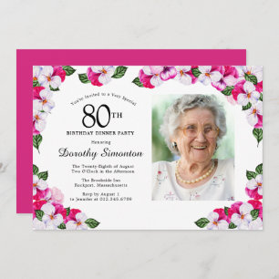 Invitación Magenta foto blanca rosada 80º cumpleaños