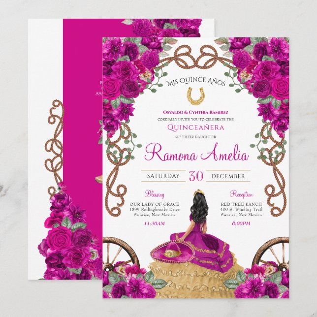 Invitación Magenta Fuchsia Charro Floral Rosa Caliente Quince (Anverso / Reverso)
