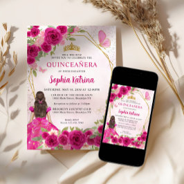 Invitación Magenta Glam Rosa Gold Floral Princesa Quinceañera