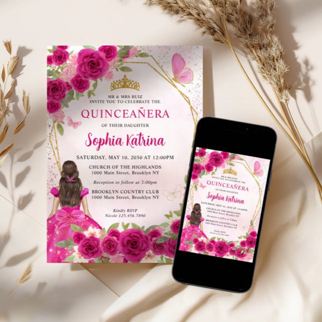 Invitación Magenta Glam Rosa Gold Floral Princesa Quinceañera (Subido por el creador)
