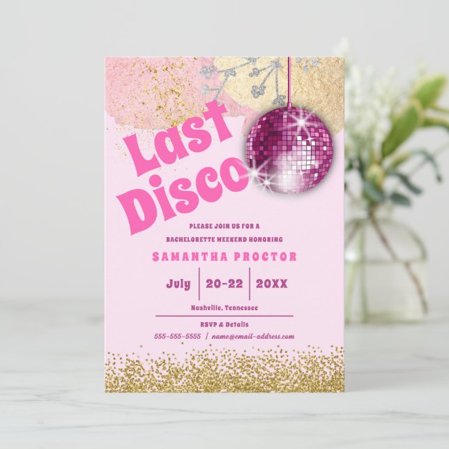 Invitación Magenta Gold Last Disco Retro Glam Bachelorette (Anverso de pie)