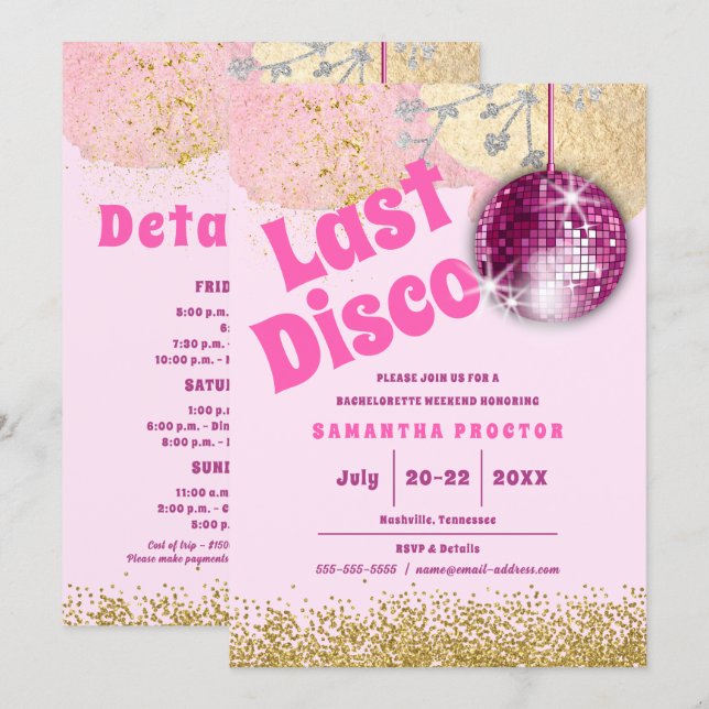 Invitación Magenta Gold Last Disco Retro Glam Bachelorette (Anverso / Reverso)