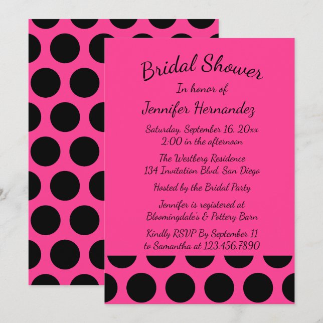 Invitación Magenta Hot Pink Bridal Shower Black Polka Dots (Anverso / Reverso)