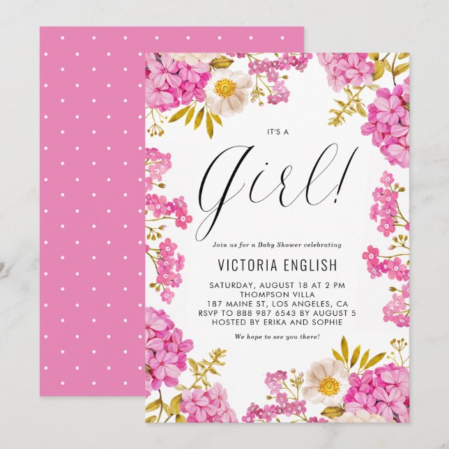 Invitación Magenta Hydrangeas Rosa es un Baby Shower Chica (Anverso / Reverso)