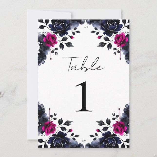 Invitación Magenta Mesa de acuarela floral rosa y azul (Anverso)