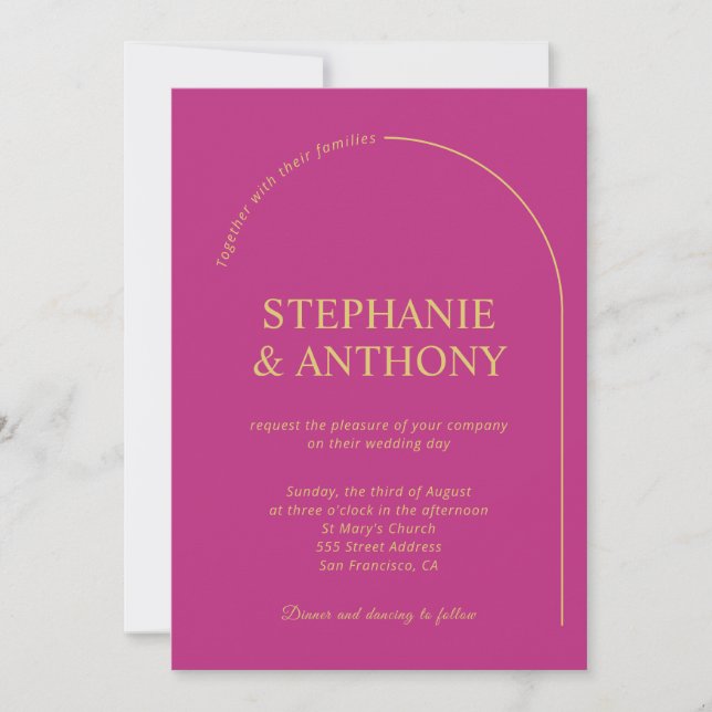 Invitación Magenta minimal moderna con Boda de arco (Anverso)
