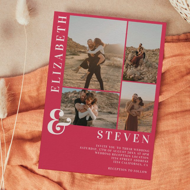 Invitación Magenta moderna y boda de 5 fotos (Subido por el creador)