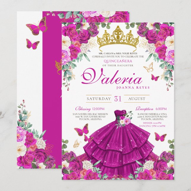 Invitación Magenta Morada Mariposa Rosa Princesa Quinceañera (Anverso / Reverso)