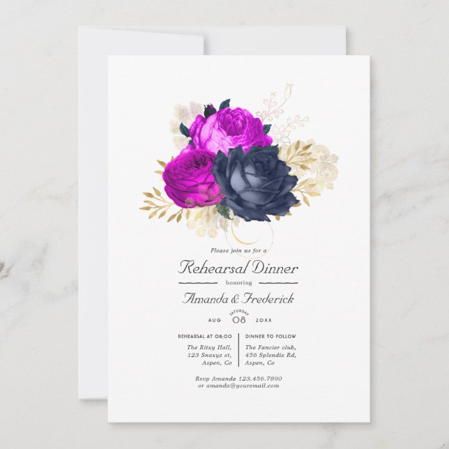 Invitación Magenta Naval y Gold Floral Cena (Anverso)