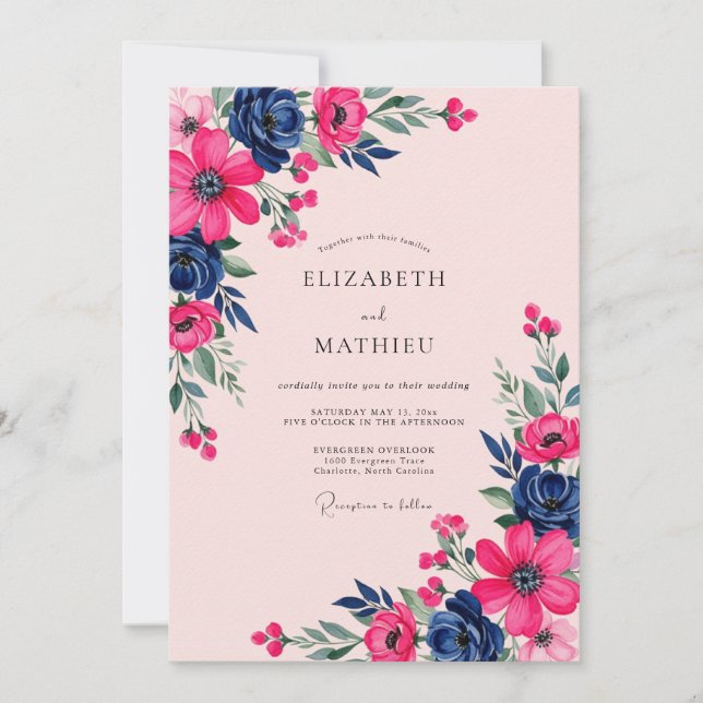 Invitación Magenta Navy Botanical Spring Wedding (Anverso)