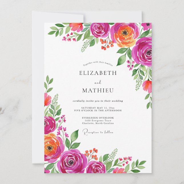 Invitación Magenta Orange Bloom Romance Wedding (Anverso)