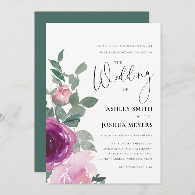 Invitación Magenta Pink Blush Floral Roses Ivory Wedding (Anverso / Reverso)