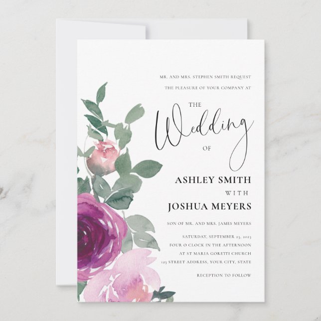 Invitación Magenta Pink Blush Floral Roses White Wedding (Anverso)