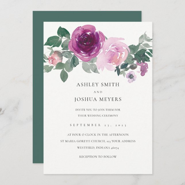 Invitación Magenta Pink Floral Pearl White Leaf Green Wedding (Anverso / Reverso)