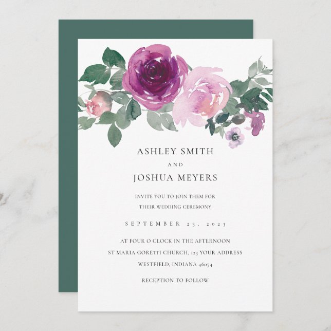 Invitación Magenta Pink Floral White Leaf Green Wedding (Anverso / Reverso)