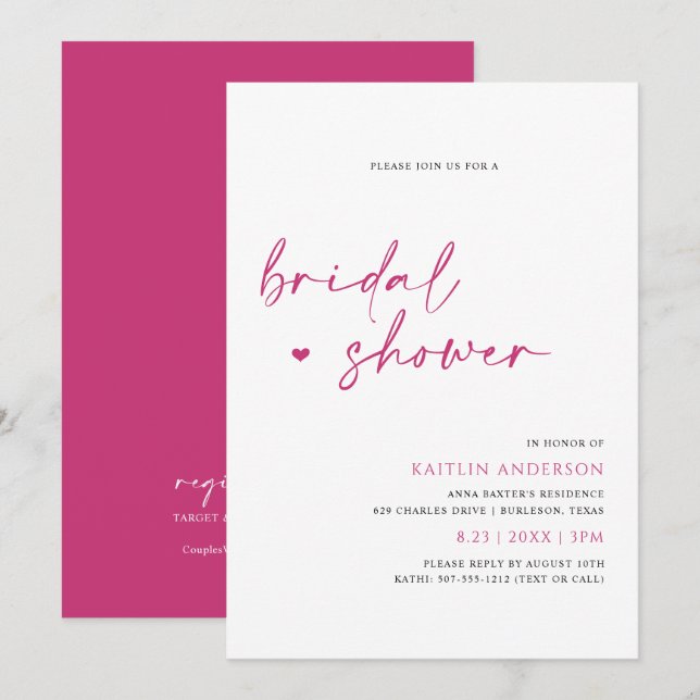 Invitación Magenta Pink Modern HandWriting Bridal Shower (Anverso / Reverso)