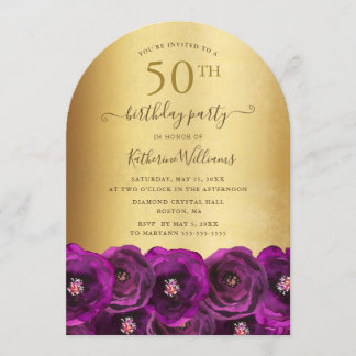 Invitación Magenta Pink Rose Floral Gold 50th Birthday Party