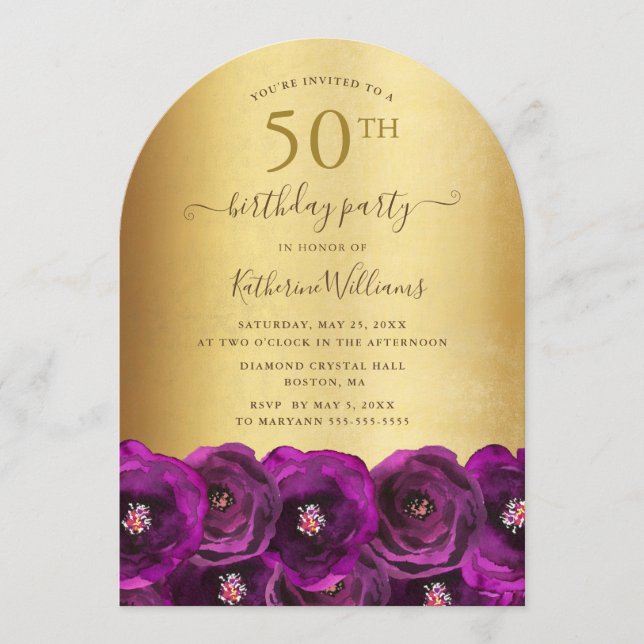 Invitación Magenta Pink Rose Floral Gold 50th Birthday Party (Anverso)