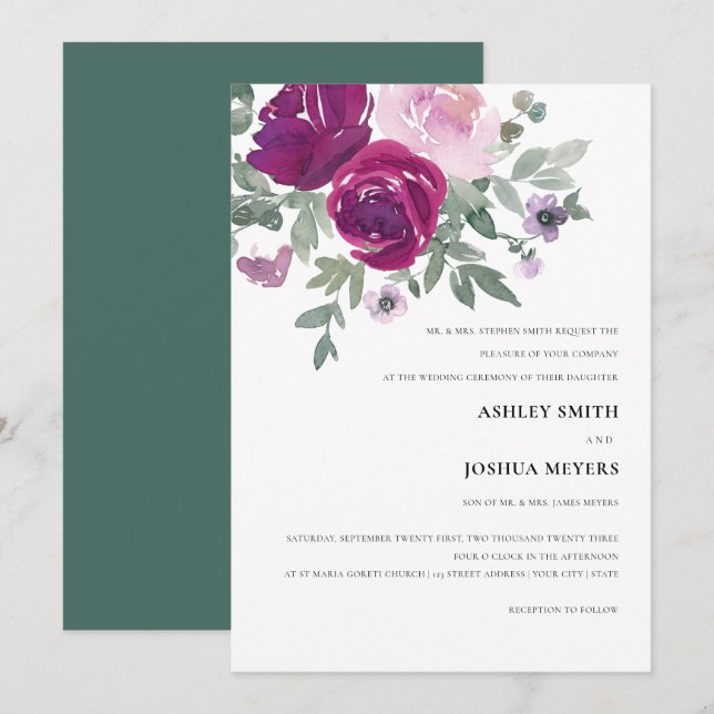 Invitación Magenta Pink Watercolor Floral Wedding (Anverso / Reverso)