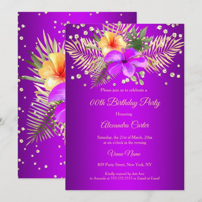 Invitación Magenta Púrpura Palmilla dorada amarillo floral Cu (Anverso / Reverso)