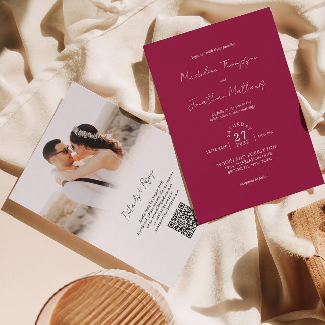 Invitación Magenta Red Photo Budget Boda Código QR Rsvp (Subido por el creador)
