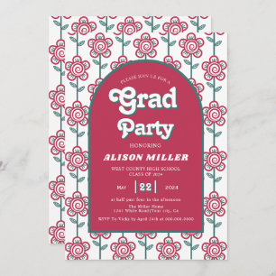 Invitación Magenta retro groovy, flores verde azuladas 70 Gra