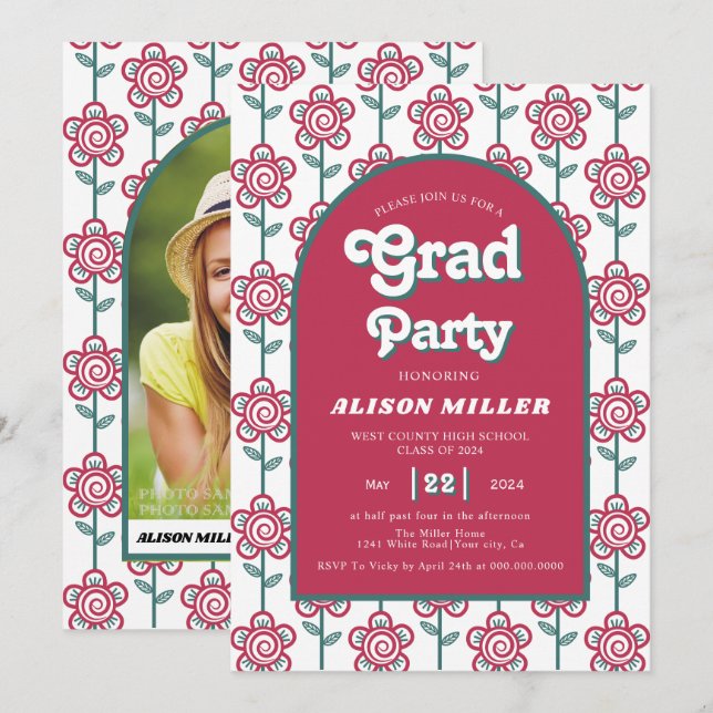Invitación Magenta retro groovy, flores verde azuladas 70 Gra (Anverso / Reverso)