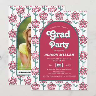 Invitación Magenta retro groovy, flores verde azuladas 70 Gra