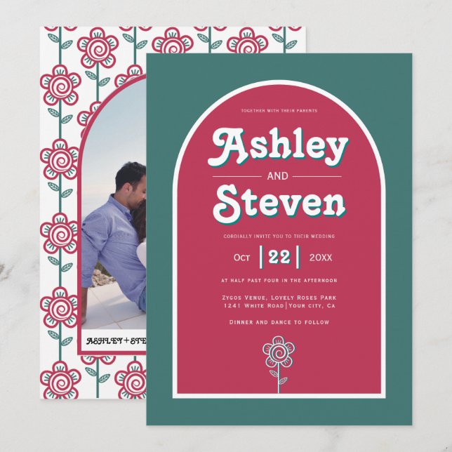 Invitación Magenta retro groovy y boda verde azulado de los a (Anverso / Reverso)