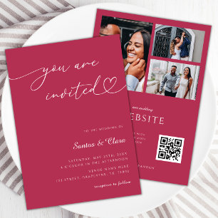 Invitación Magenta rosa 3 fotos Código QR todo en un Boda