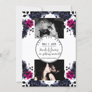 Invitación Magenta Rosa Azul Acuarela Floral Guarda Fecha