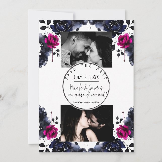 Invitación Magenta Rosa Azul Acuarela Floral Tinta Fecha de G (Anverso)