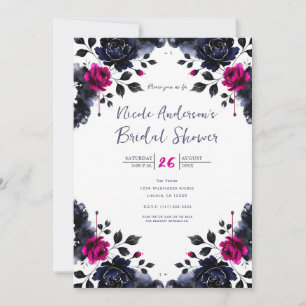 Invitación Magenta Rosa Azul Acuarela Floral Tinta Nupcial