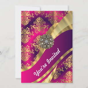 Invitación Magenta rosa caliente y damasco dorado