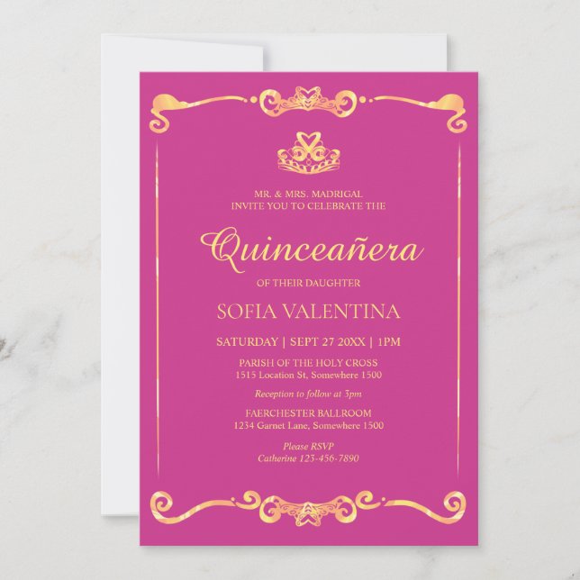 Invitación Magenta rosa clásico y quinceañera dorada (Anverso)