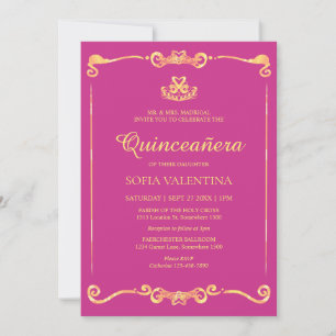 Invitación Magenta rosa clásico y quinceañera dorada