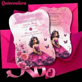 Invitación Magenta Rosa Quinceanera Vestido Mariposas Florale