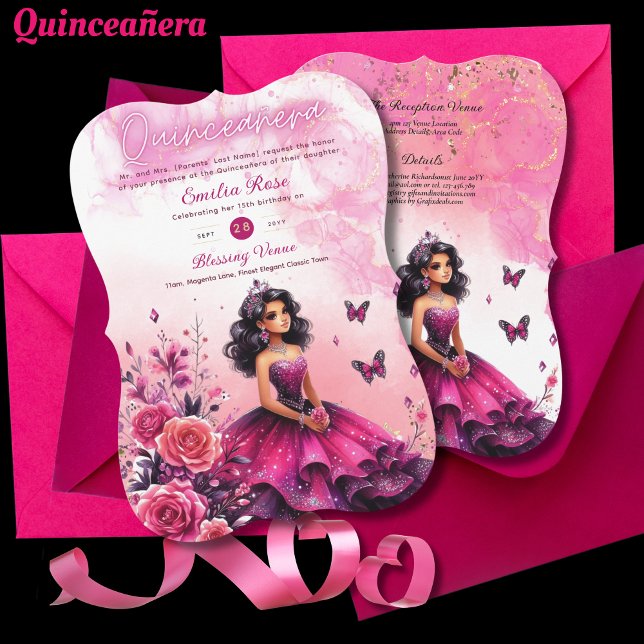Invitación Magenta Rosa Quinceanera Vestido Mariposas Florale (Subido por el creador)