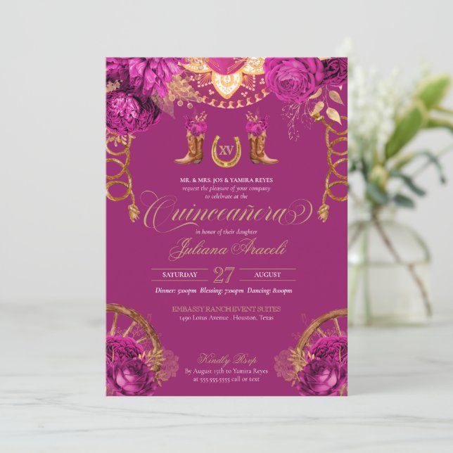 Invitación Magenta Rosa Rosa País Quinceanera Occidental (Anverso de pie)