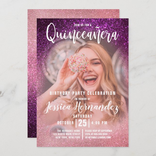 Invitación Magenta rosa triple Purpurina foto Quinceañera (Anverso / Reverso)