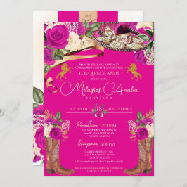 Invitación Magenta Rosas de rosa caliente Fancy Charro Quince