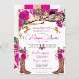 Invitación Magenta Rosas de rosa caliente Fancy Charro Quince