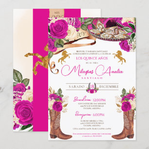 Invitación Magenta Rosas de rosa caliente Fancy Charro Quince
