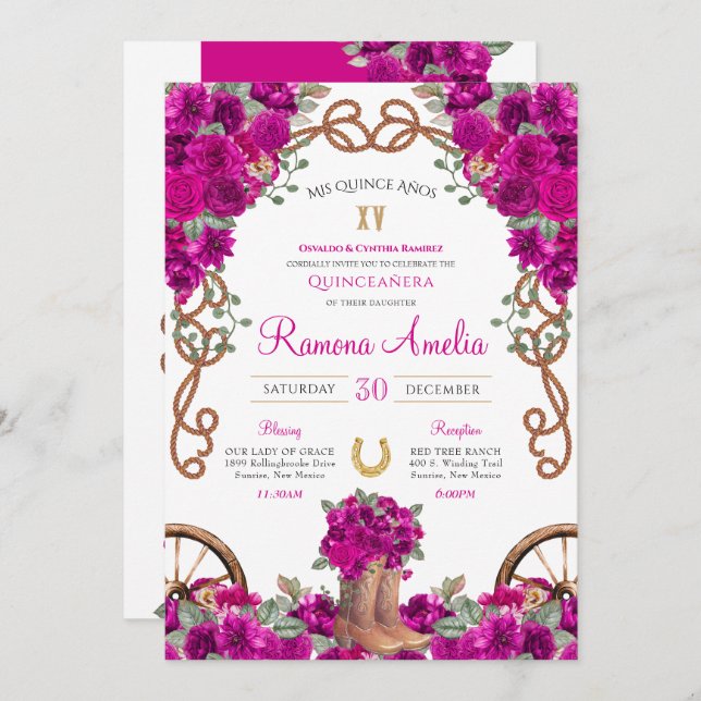 Invitación Magenta Rustic Charro Occidental Cowboy Boots Quin (Anverso / Reverso)