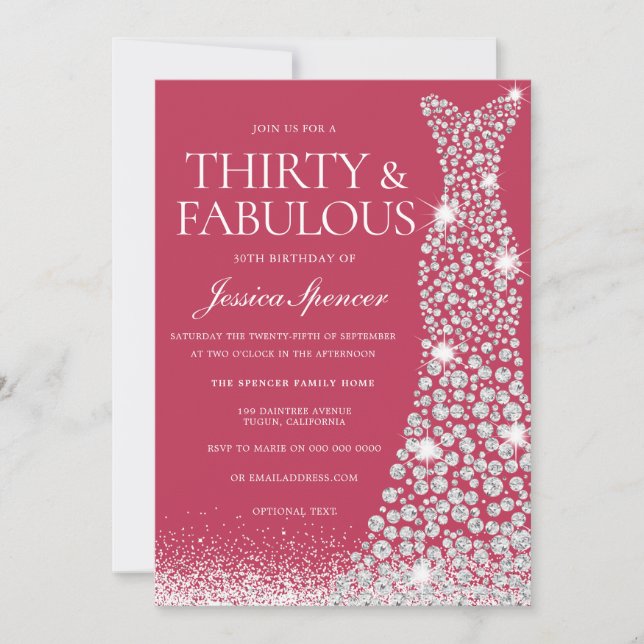 Invitación Magenta Treinta y Fabuloso vestido de cumpleaños n (Anverso)