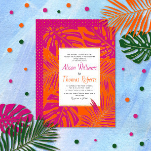 Invitación Magenta tropical y hojas naranjas vibrantes boda