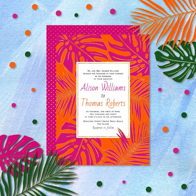Invitación Magenta tropical y hojas naranjas vibrantes boda (Subido por el creador)