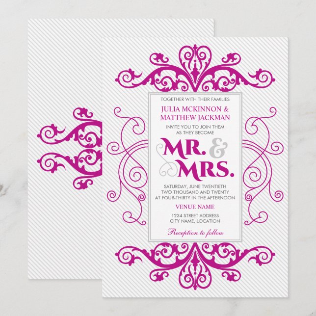 Invitación Magenta Vintage Swirls Sr. y Sra. Boda (Anverso / Reverso)