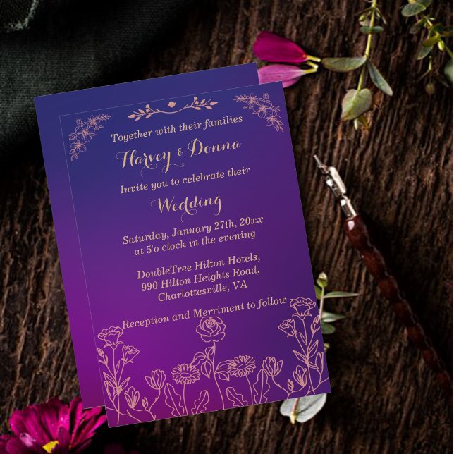 Invitación Magenta violenta morada con Boda floral alineado (Subido por el creador)