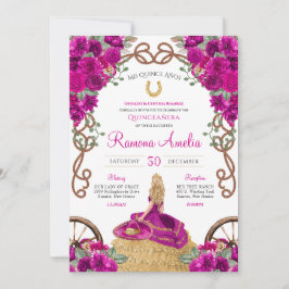 Invitación Magenta Western Charro Floral Caliente Rosa Quince